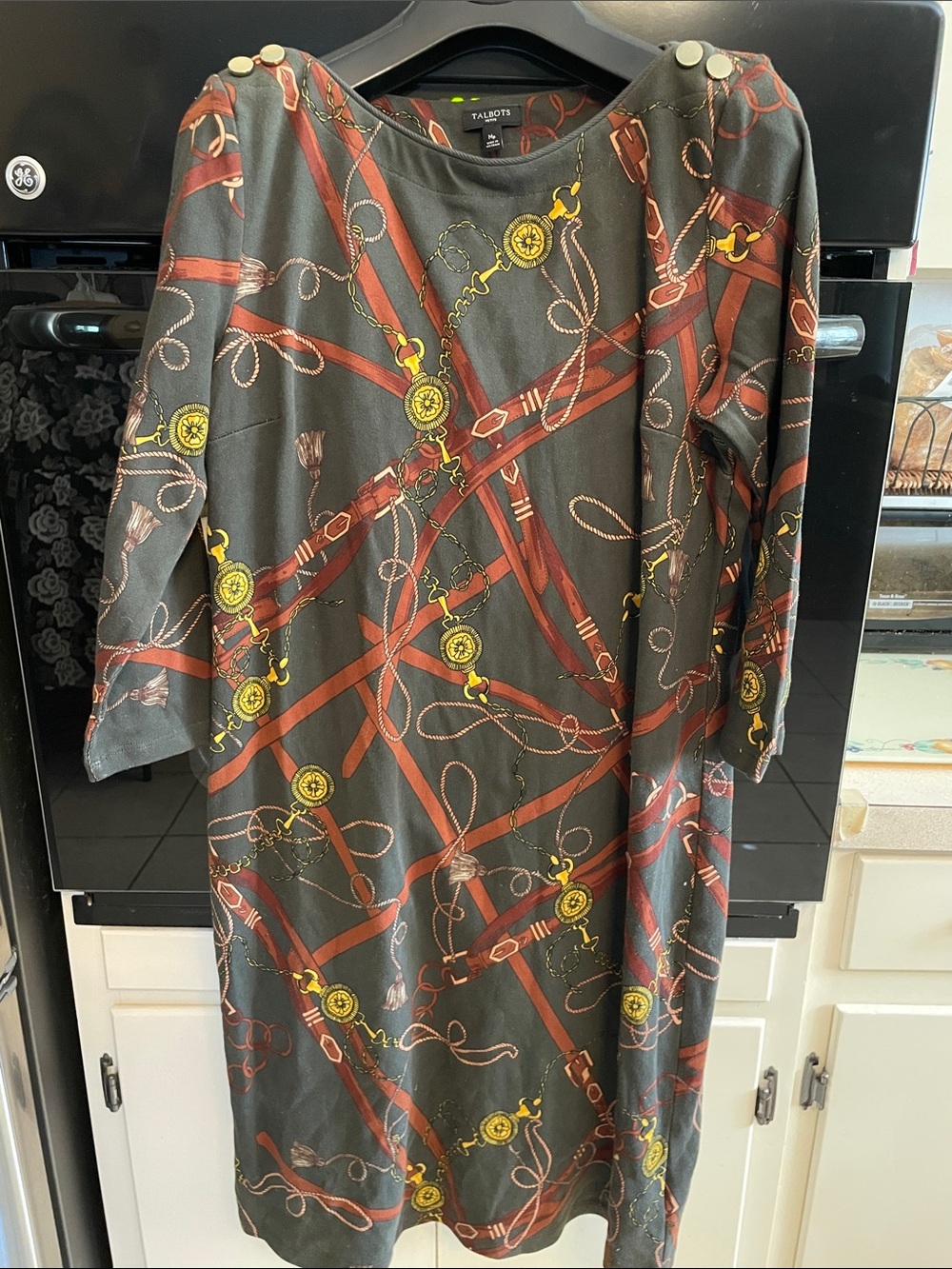 Talbots Petite Gray Dress with Yellow & Rust Rope Print